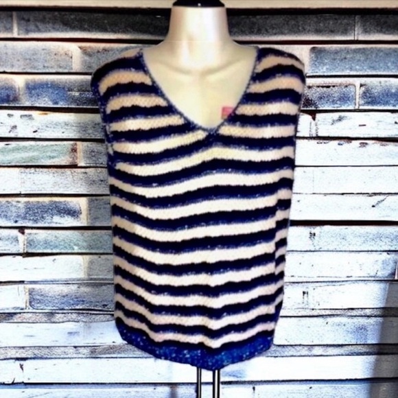 Sweater Vest V-Neck Navy Cream Light Blue Sparkly Striped Crochet Knit Size M - Picture 14 of 16